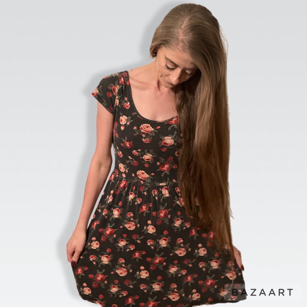 Distressed Grey Skater Dress with Rose Pattern